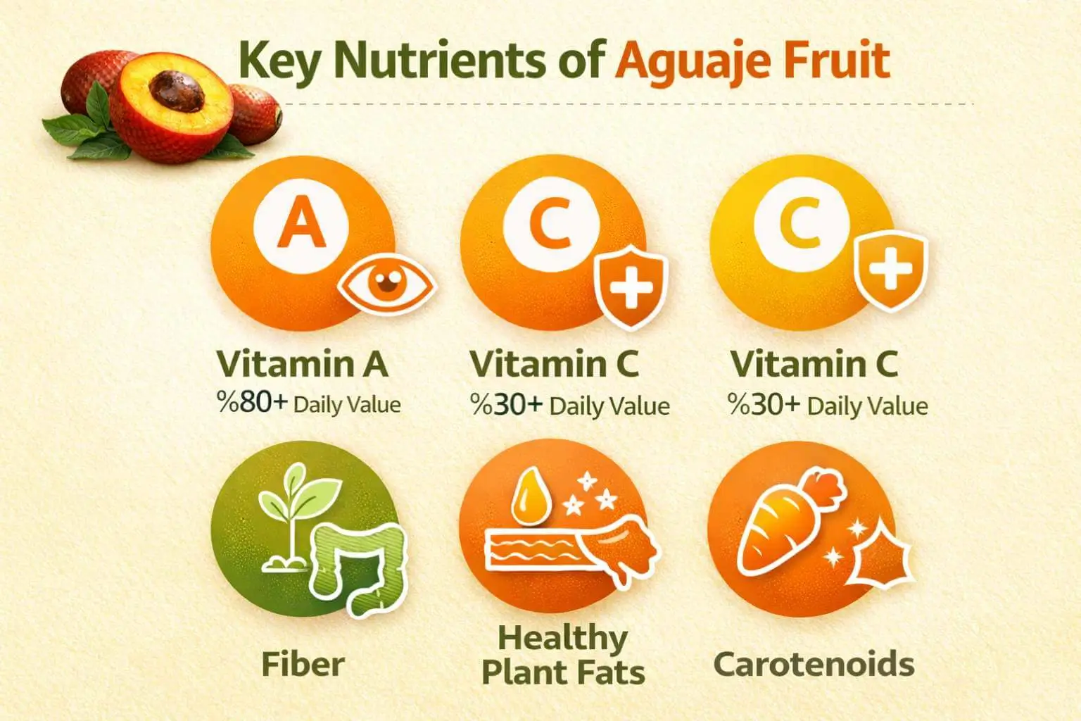 Nutritional infographic of aguaje fruit highlighting vitamin A, vitamin C, fiber, healthy fats, and carotenoids.