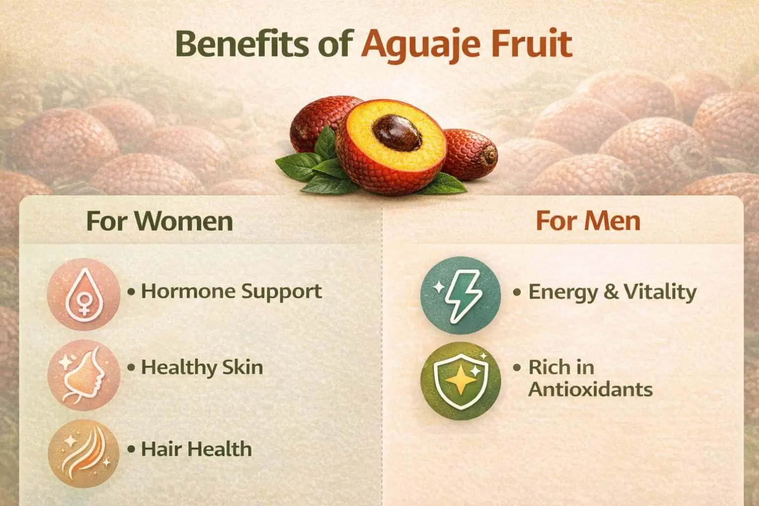 Infographic showing aguaje fruit benefits for women’s hormones, skin, and hair, and men’s energy, vitality, and antioxidant support.