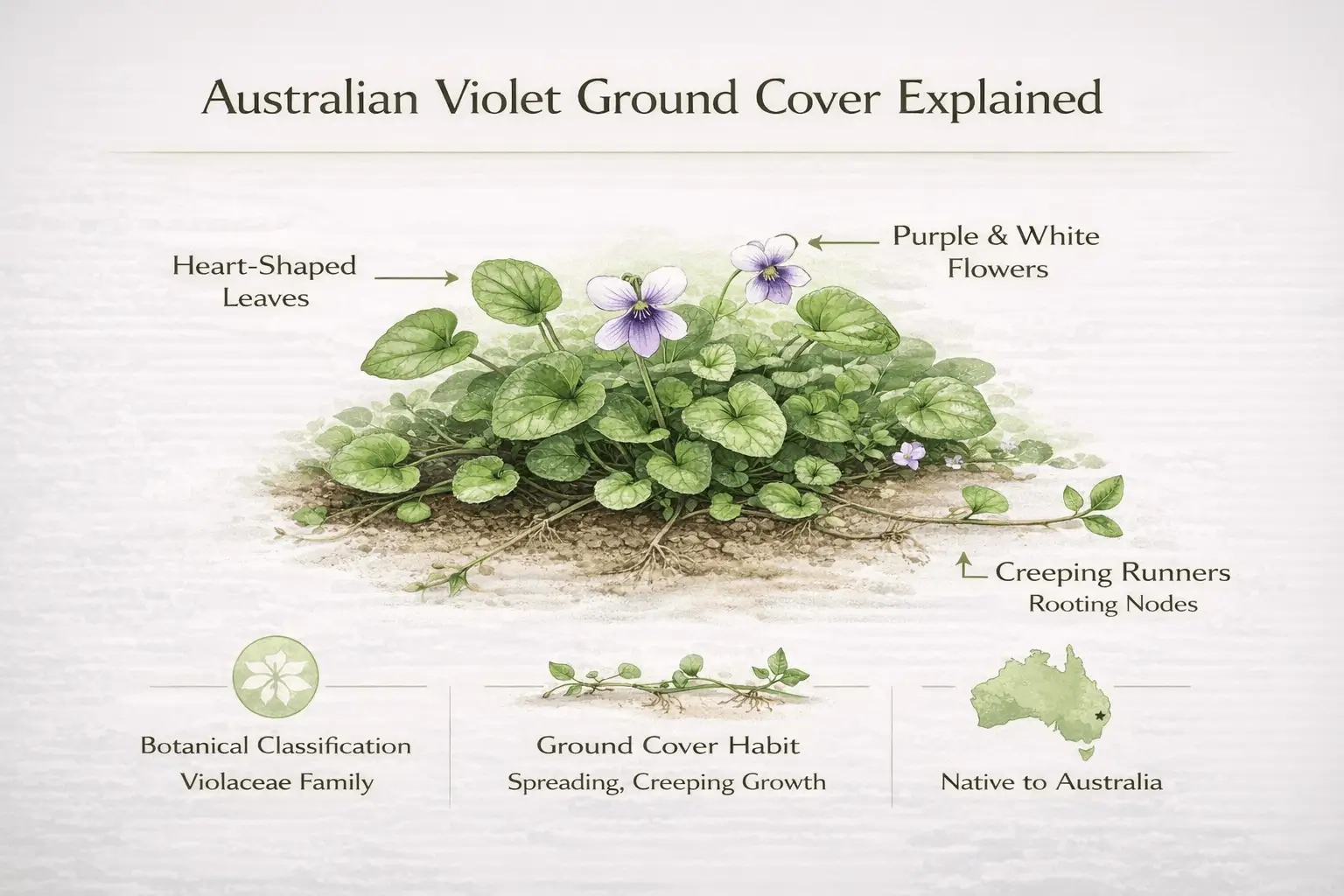 Botanical overview infographic of Australian violet ground cover Viola hederacea plant structure and characteristics