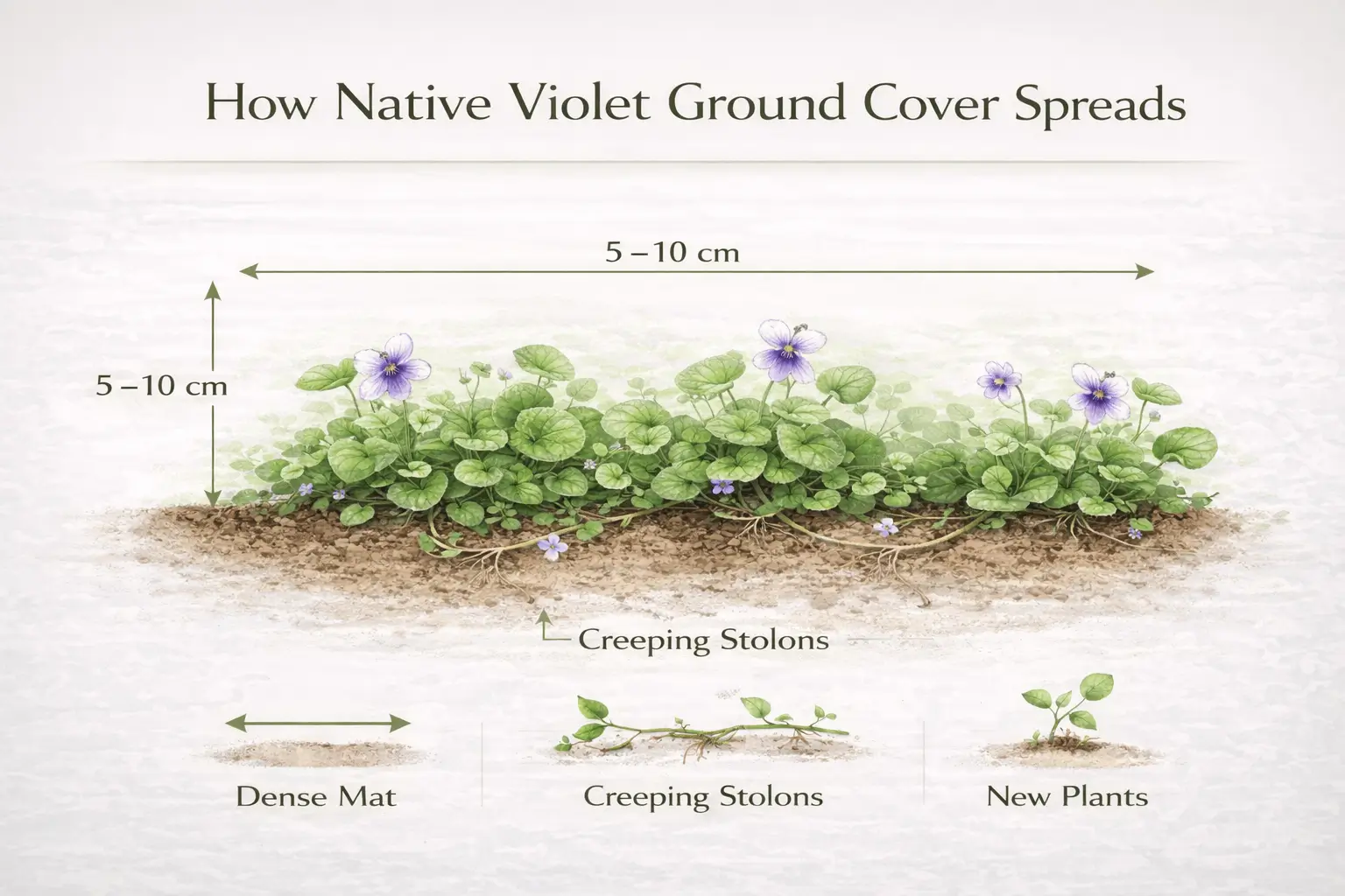 Diagram showing how native violet ground cover spreads using runners to form a dense carpet
