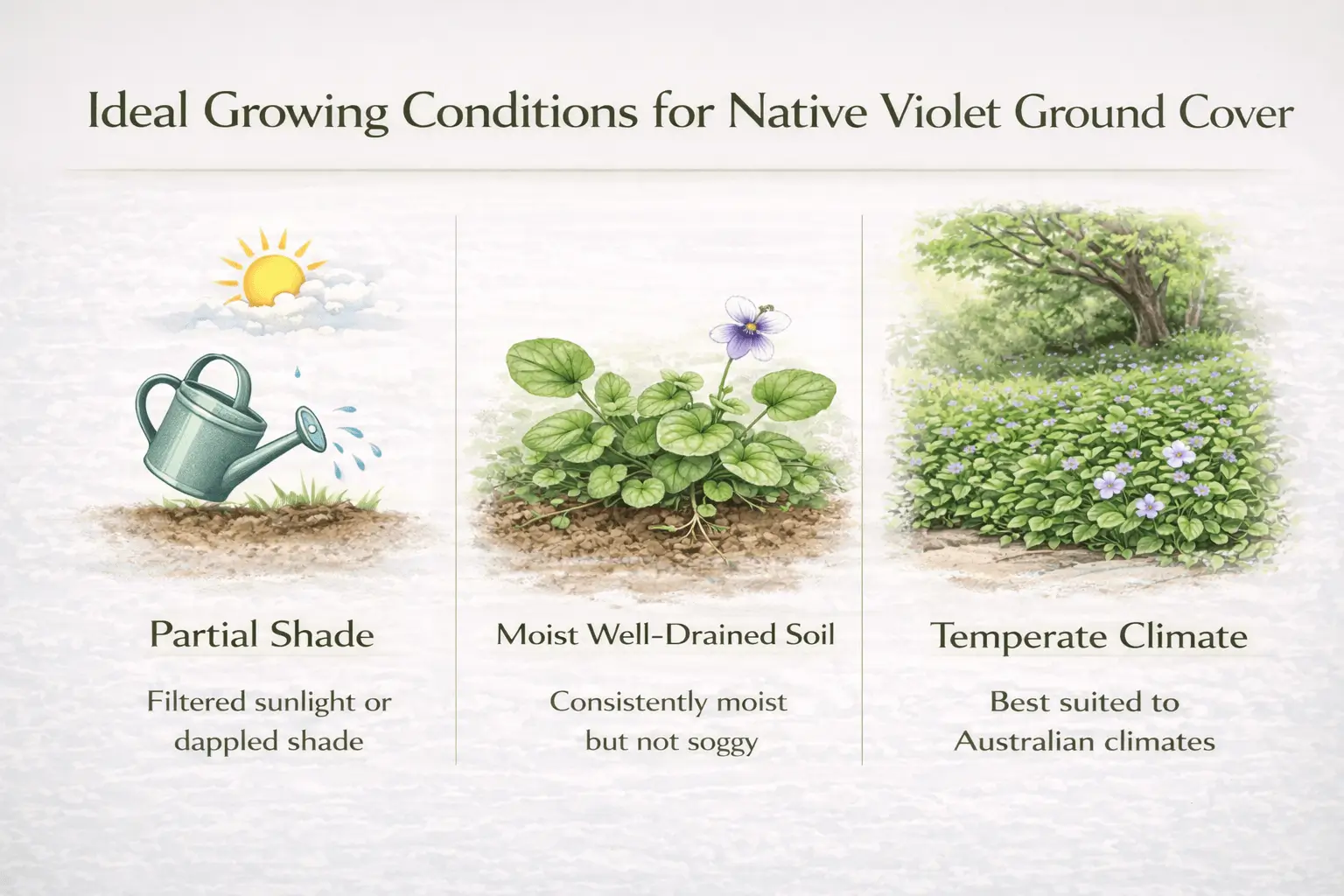 Infographic explaining sunlight soil and moisture conditions for Australian violet ground cover