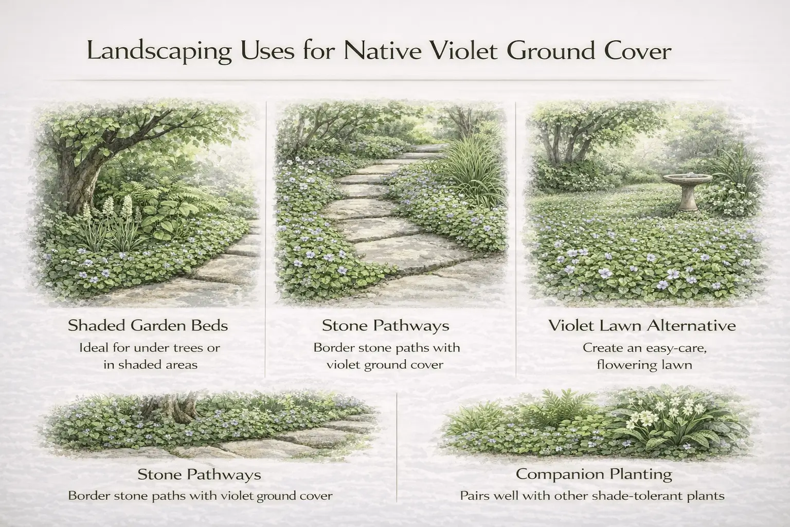 Landscape design infographic showing native violet ground cover used in garden beds shaded paths and lawn alternatives