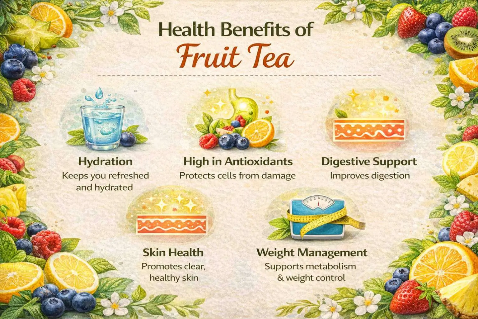Infographic highlighting fruit tea benefits for hydration, antioxidants, digestion, skin, and weight management