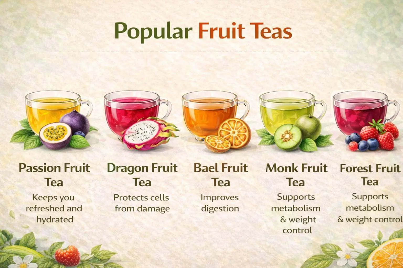 Infographic displaying different types of fruit tea with corresponding fruits and cups of tea