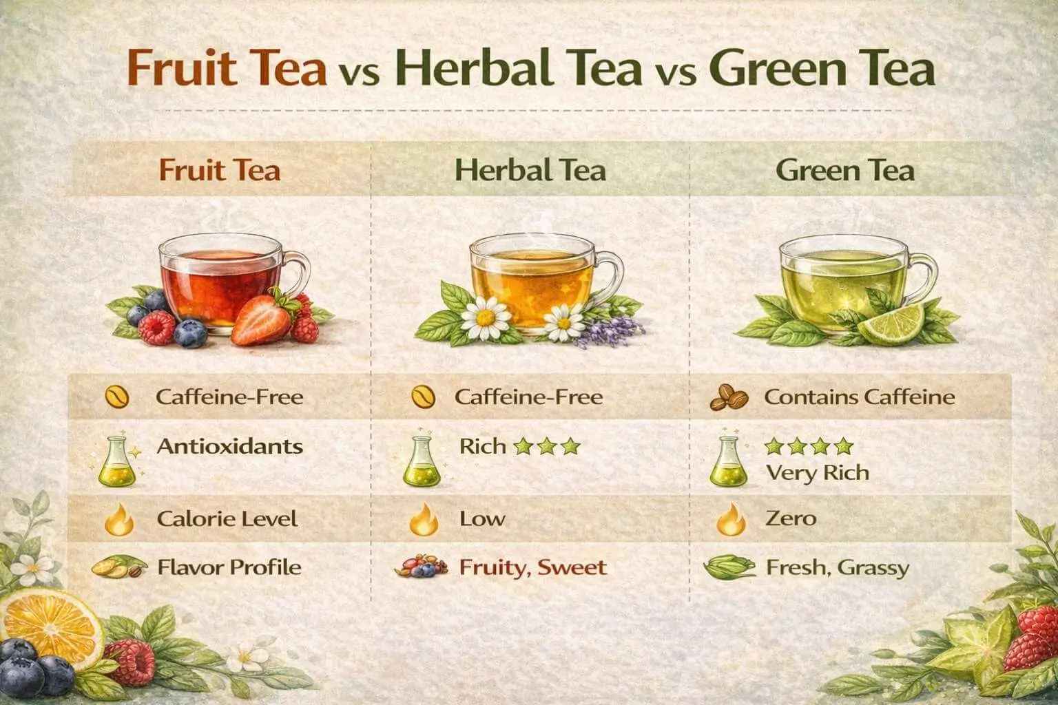 Infographic comparing fruit tea with herbal tea and green tea in terms of caffeine, antioxidants, and flavor