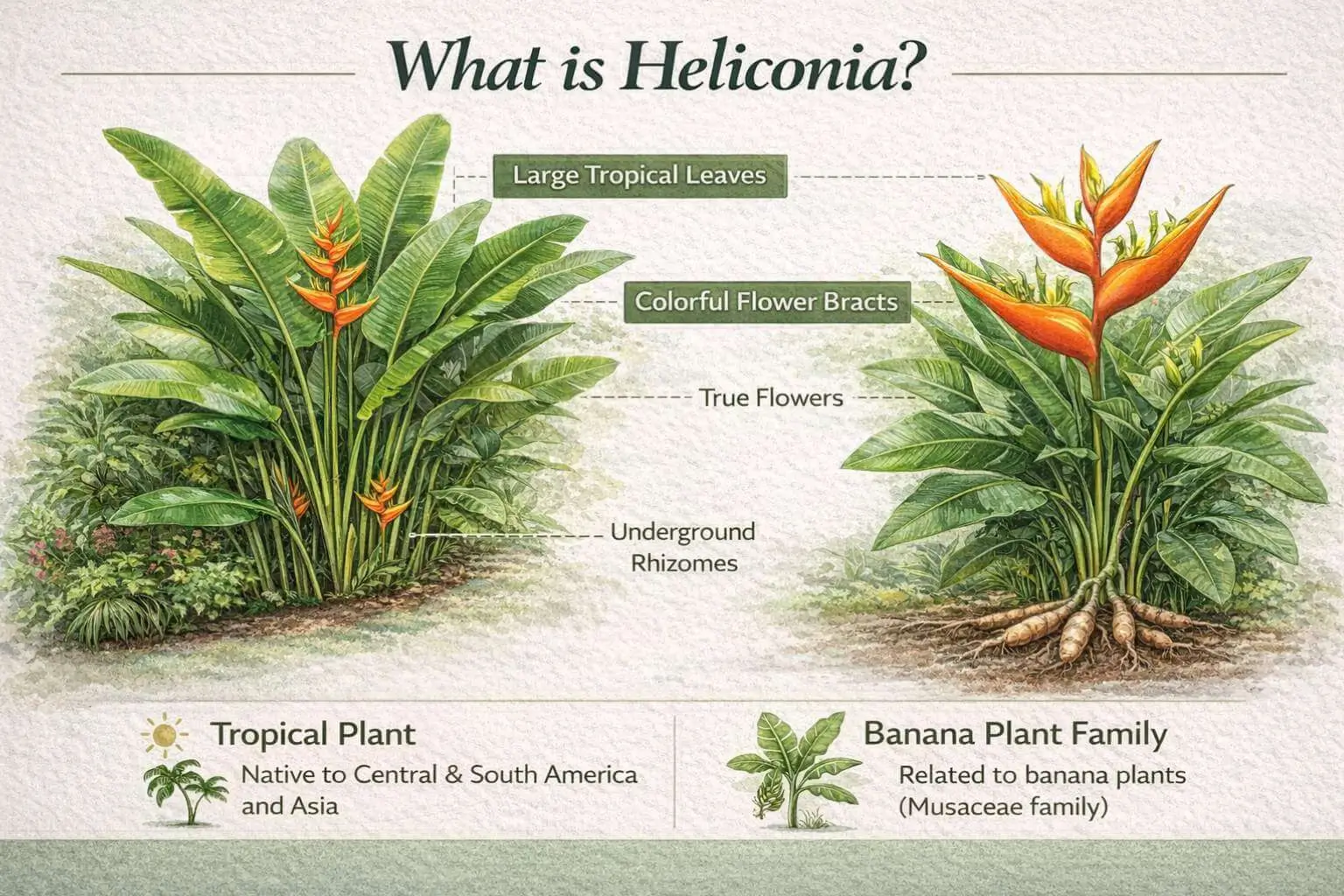 heliconia plant structure diagram showing leaves bracts and rhizome roots