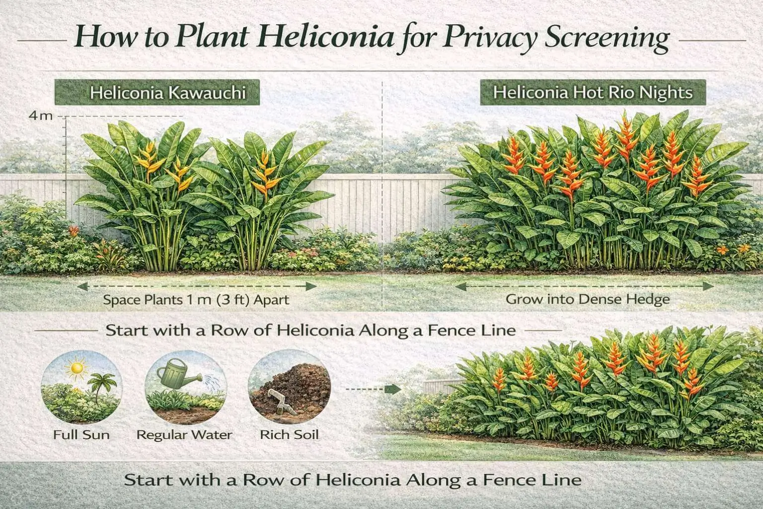heliconia hedge planting layout showing spacing for privacy screening