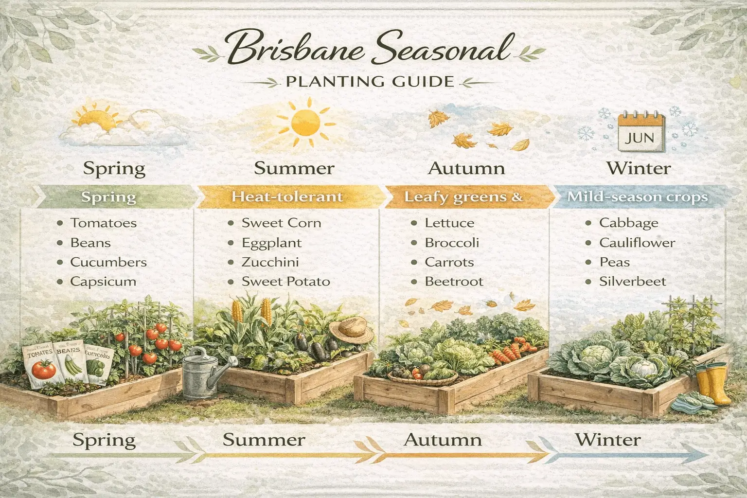 Seasonal Brisbane planting guide showing vegetables to plant in spring summer autumn and winter