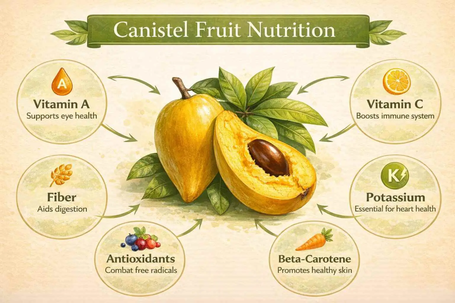 Canistel fruit nutrition infographic showing vitamins, fiber, antioxidants and minerals found in egg fruit.