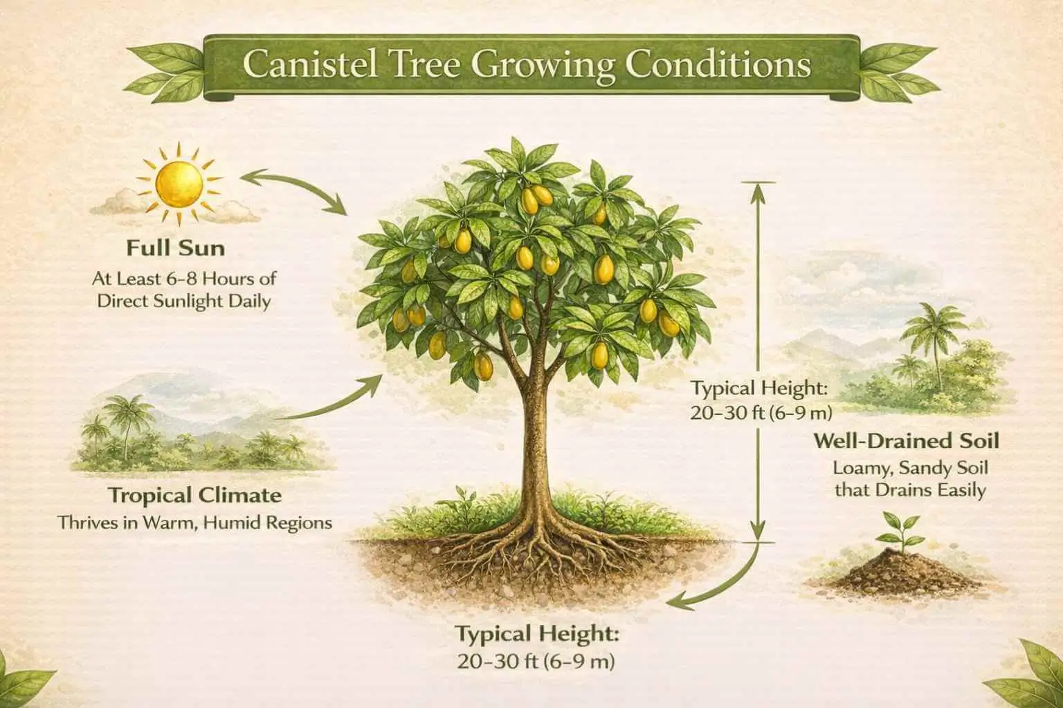 Canistel tree growing conditions infographic showing tropical climate, sunlight and soil requirements.