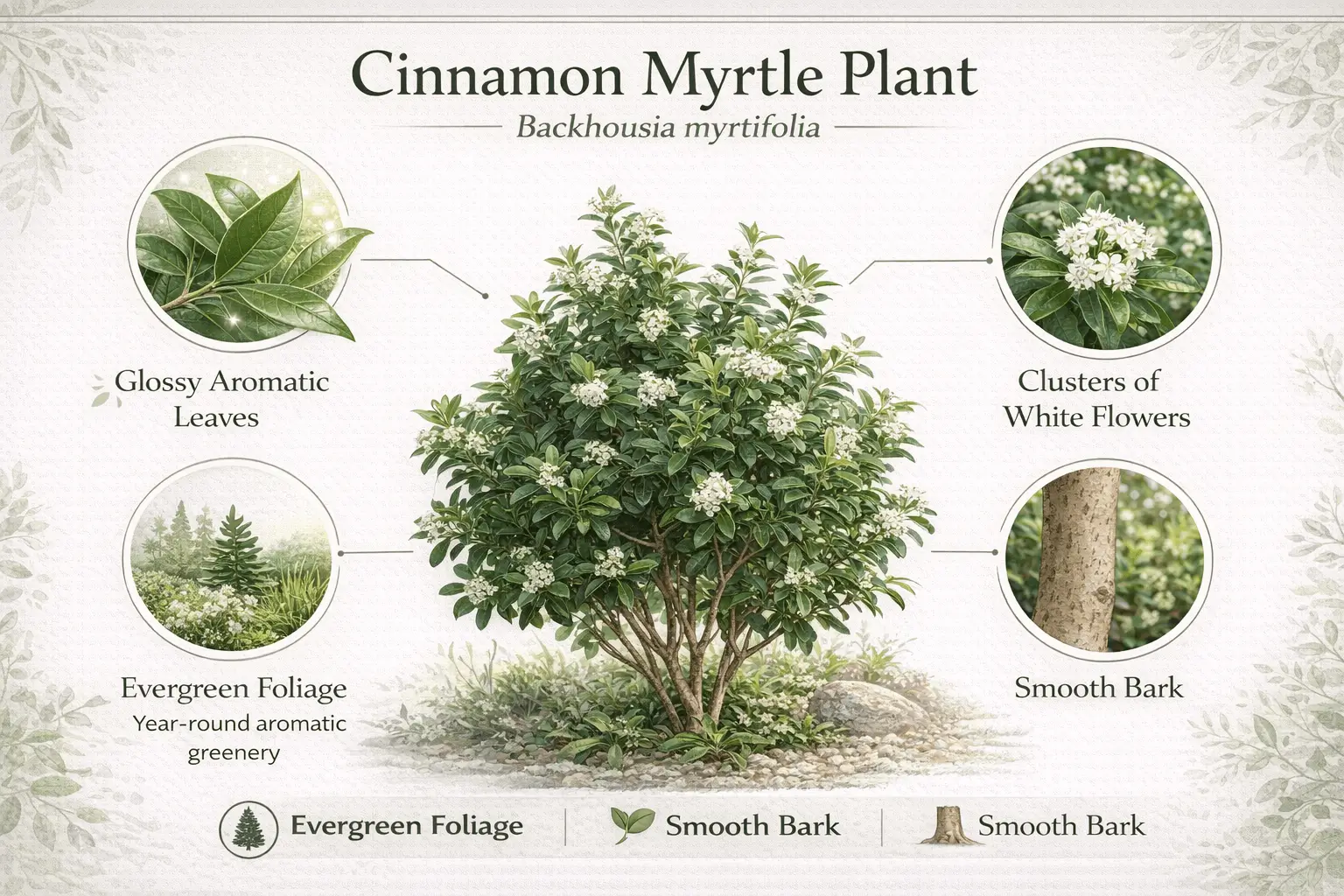 Infographic showing key characteristics of the cinnamon myrtle plant including leaves flowers and evergreen foliage