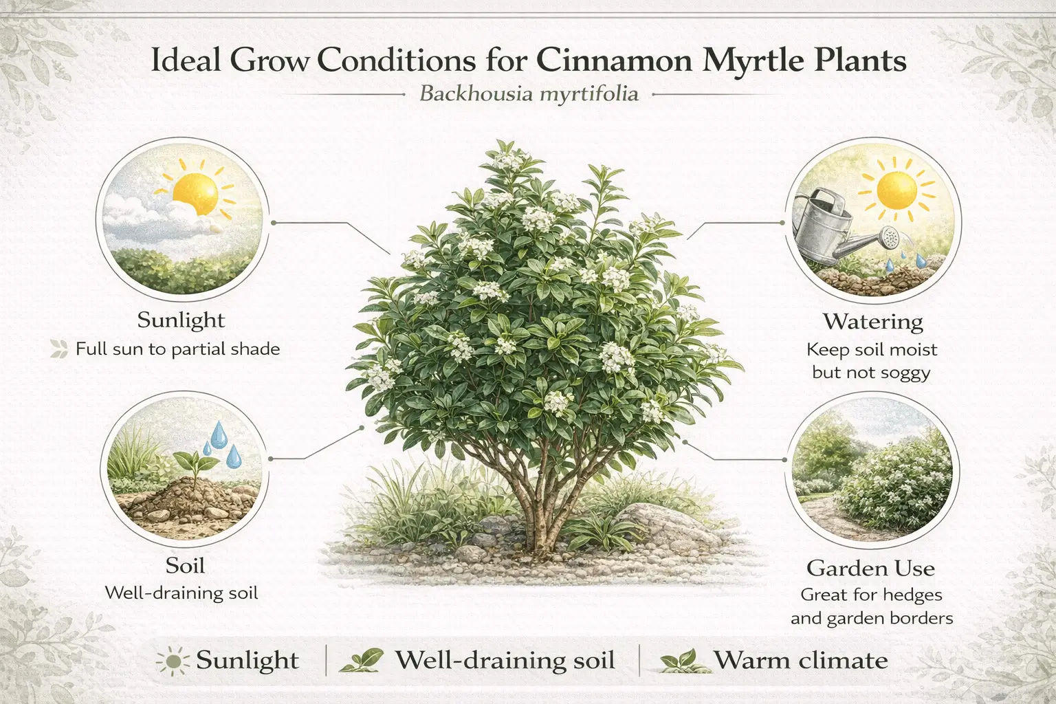Infographic showing ideal growing conditions for cinnamon myrtle including sun soil and watering needs