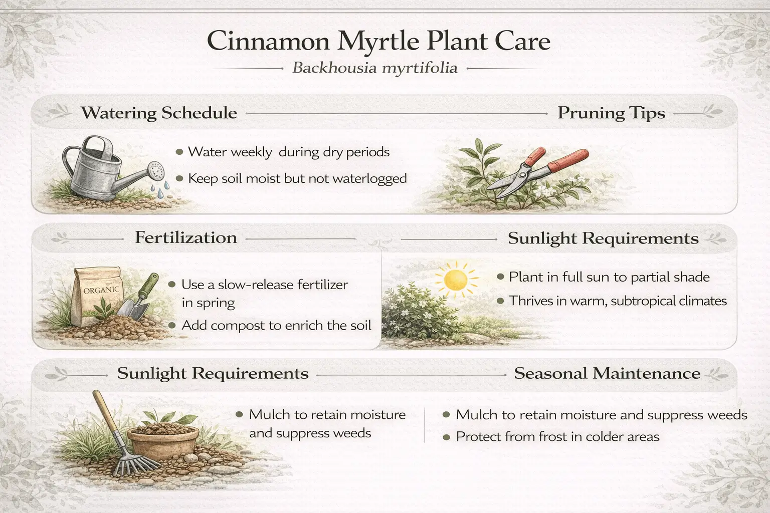 Infographic explaining cinnamon myrtle plant care including watering pruning fertilization and sunlight