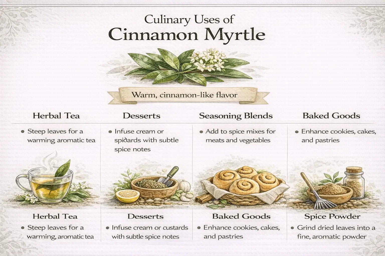 Infographic showing culinary uses of cinnamon myrtle leaves including tea desserts and seasoning