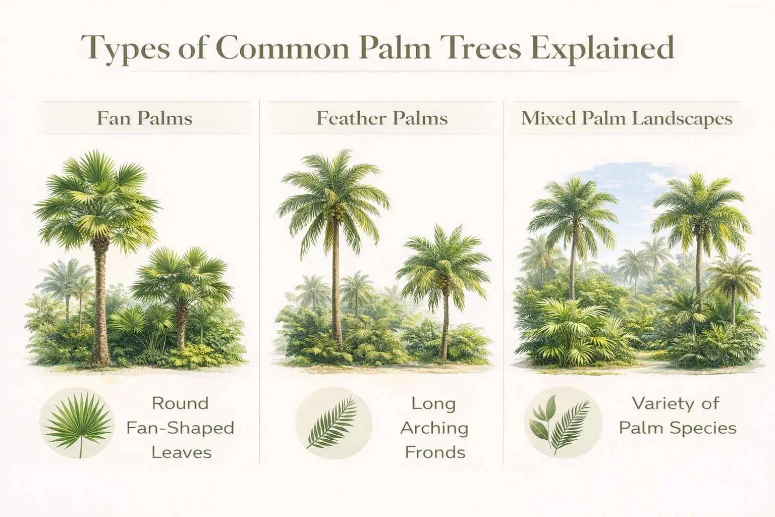 infographic showing fan palms vs feather palms types of common palm trees