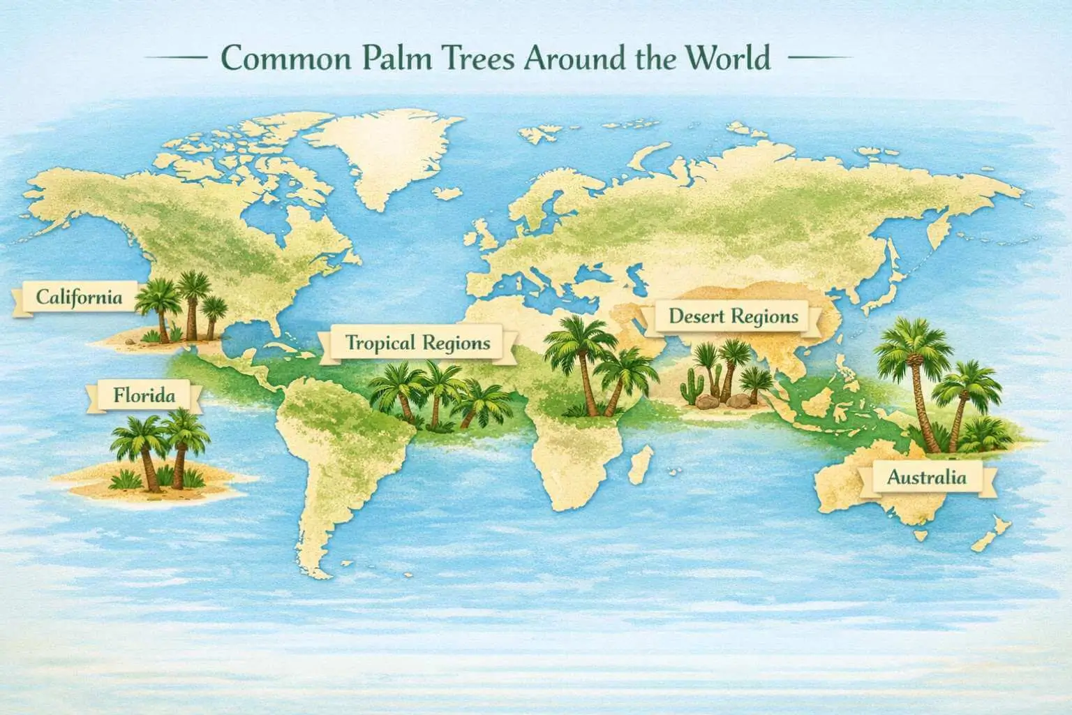 world map infographic showing common palm trees by region and climate