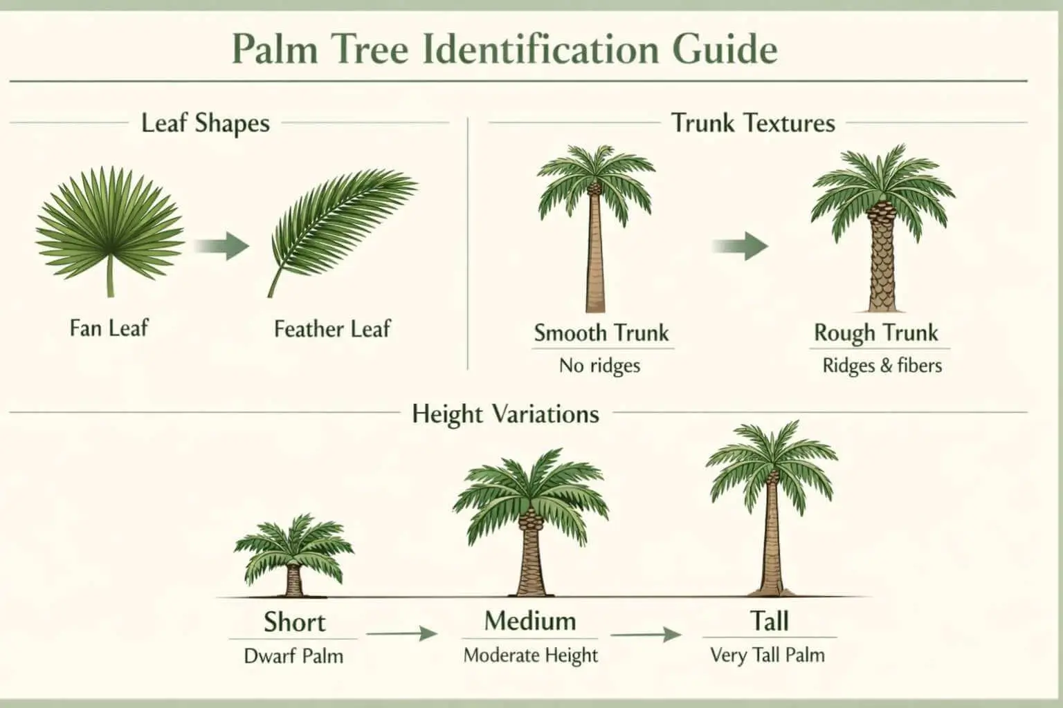 palm tree identification chart showing leaf shape trunk and height differences