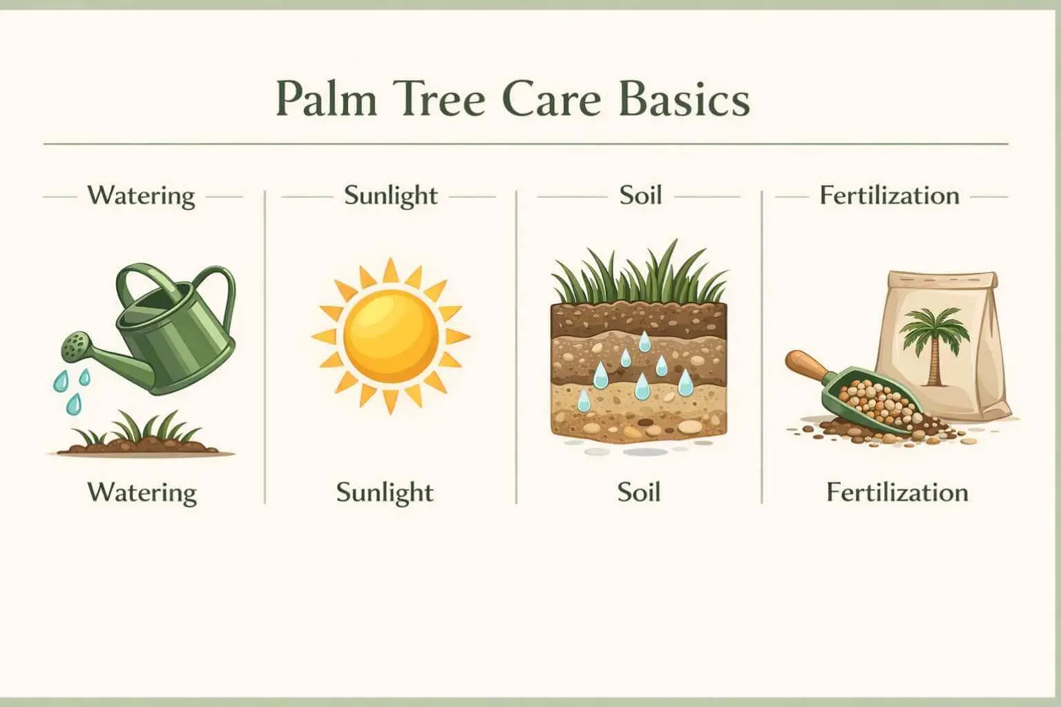 infographic showing watering light soil and care tips for common palm trees