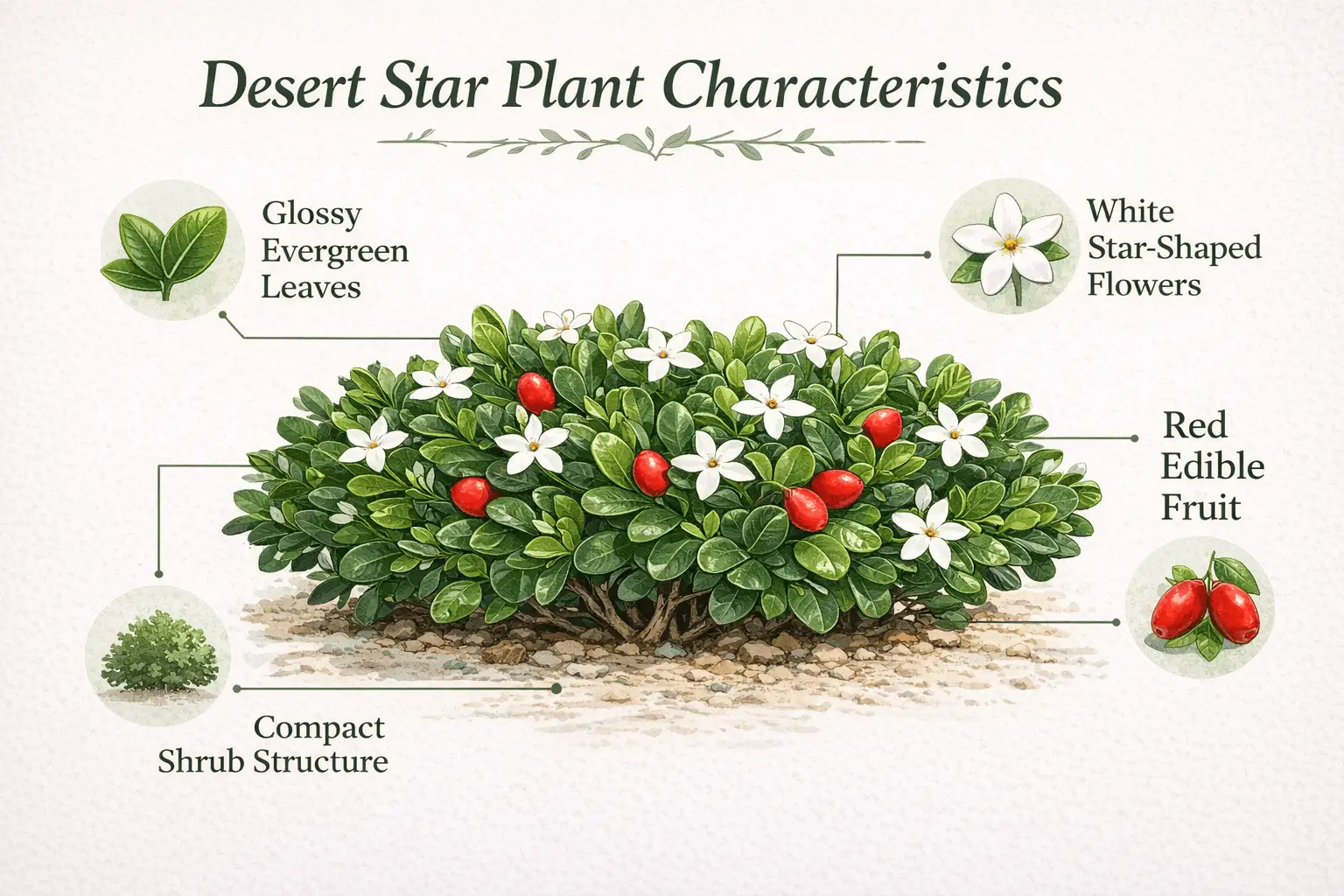 Infographic showing desert star plant features including glossy leaves, white flowers, and edible red fruit.