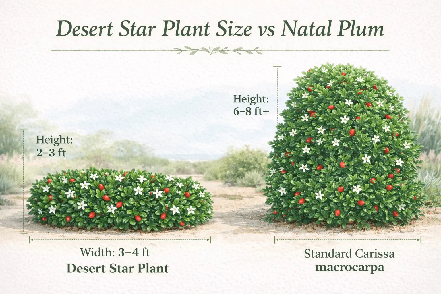Size comparison infographic showing desert star plant height and width compared to larger natal plum shrubs.