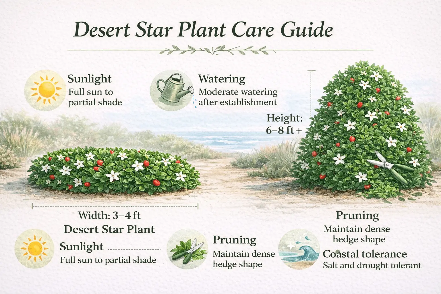 Infographic explaining desert star plant care including sunlight, watering, soil, pruning, and coastal tolerance.