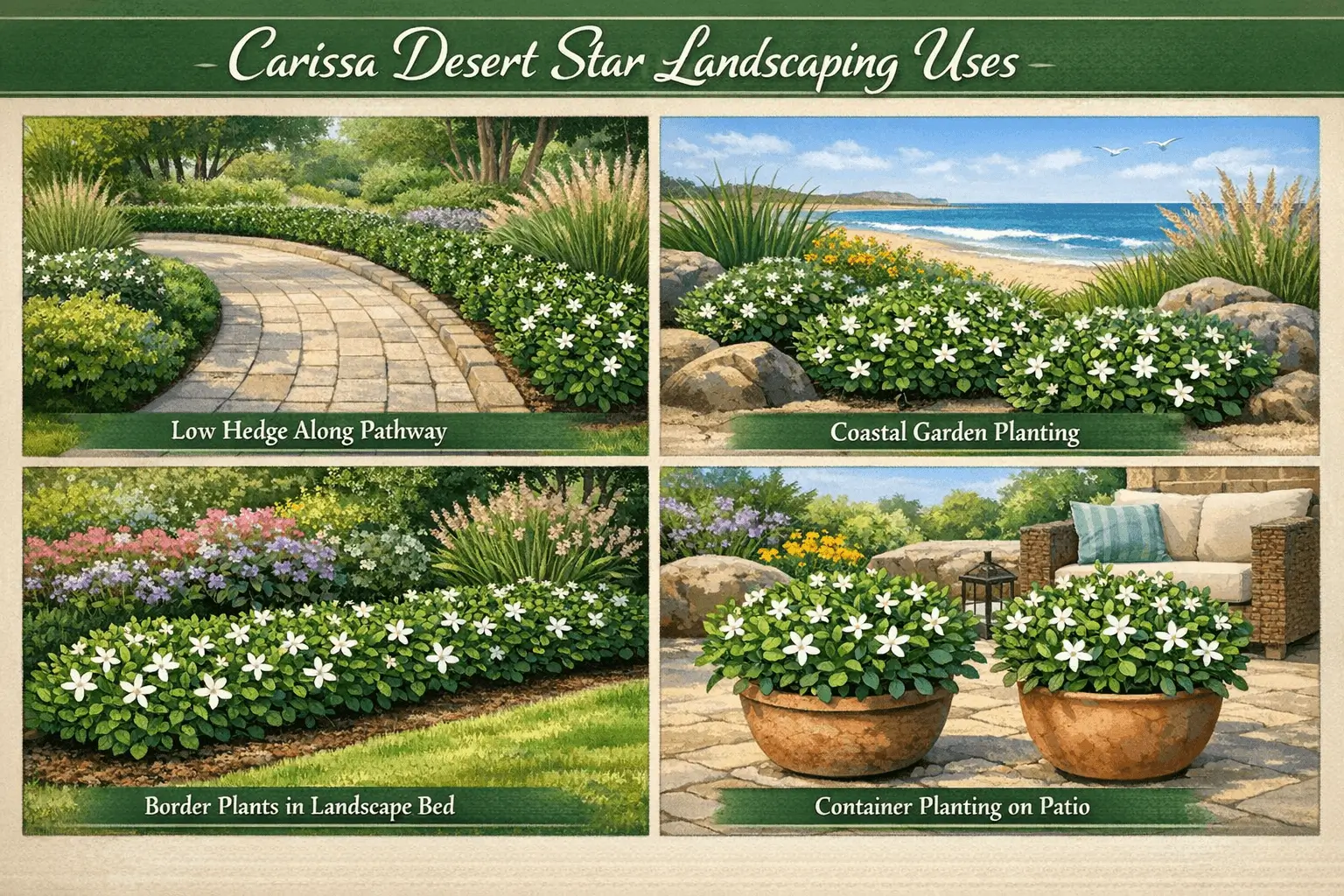 Infographic showing landscaping uses of carissa desert star including hedges, borders, coastal gardens, and container planting.