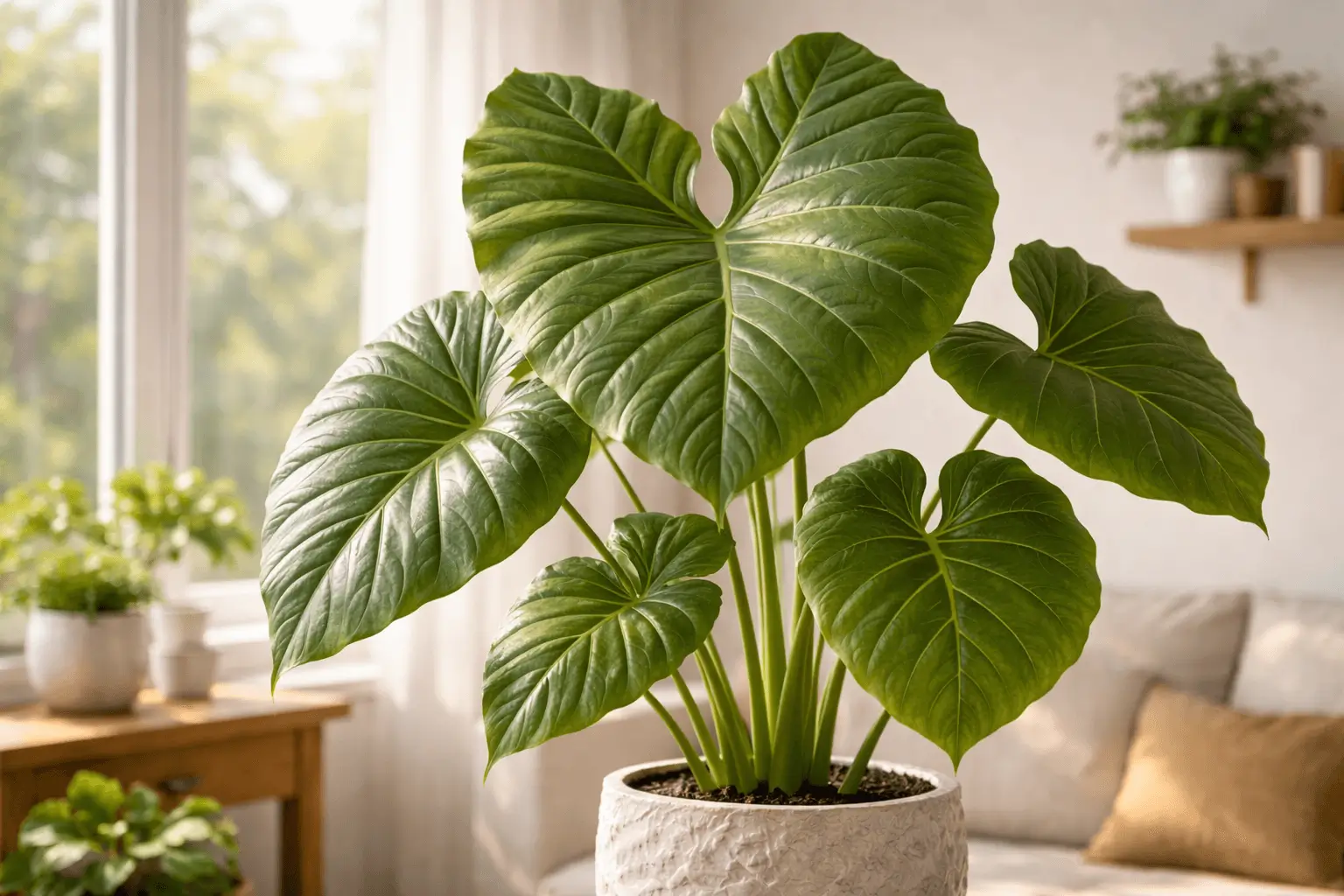 elephant ear plant houseplant with large heart shaped leaves indoors