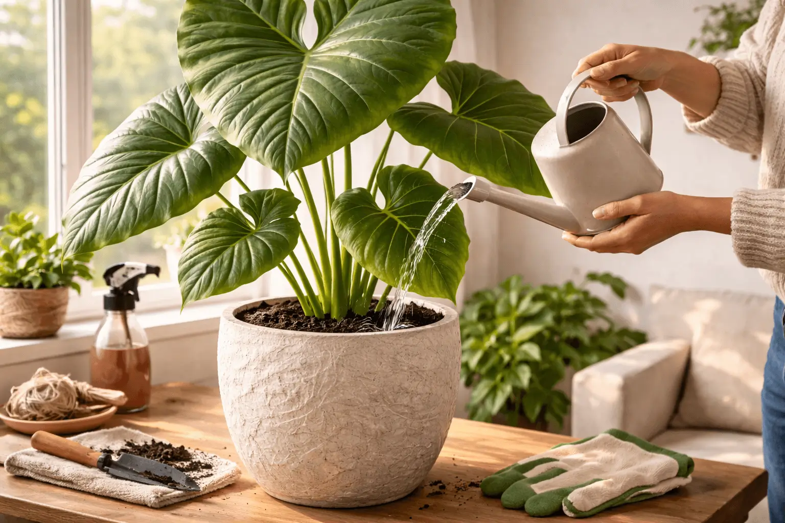 watering elephant ear plant indoors showing indoor plant care routine