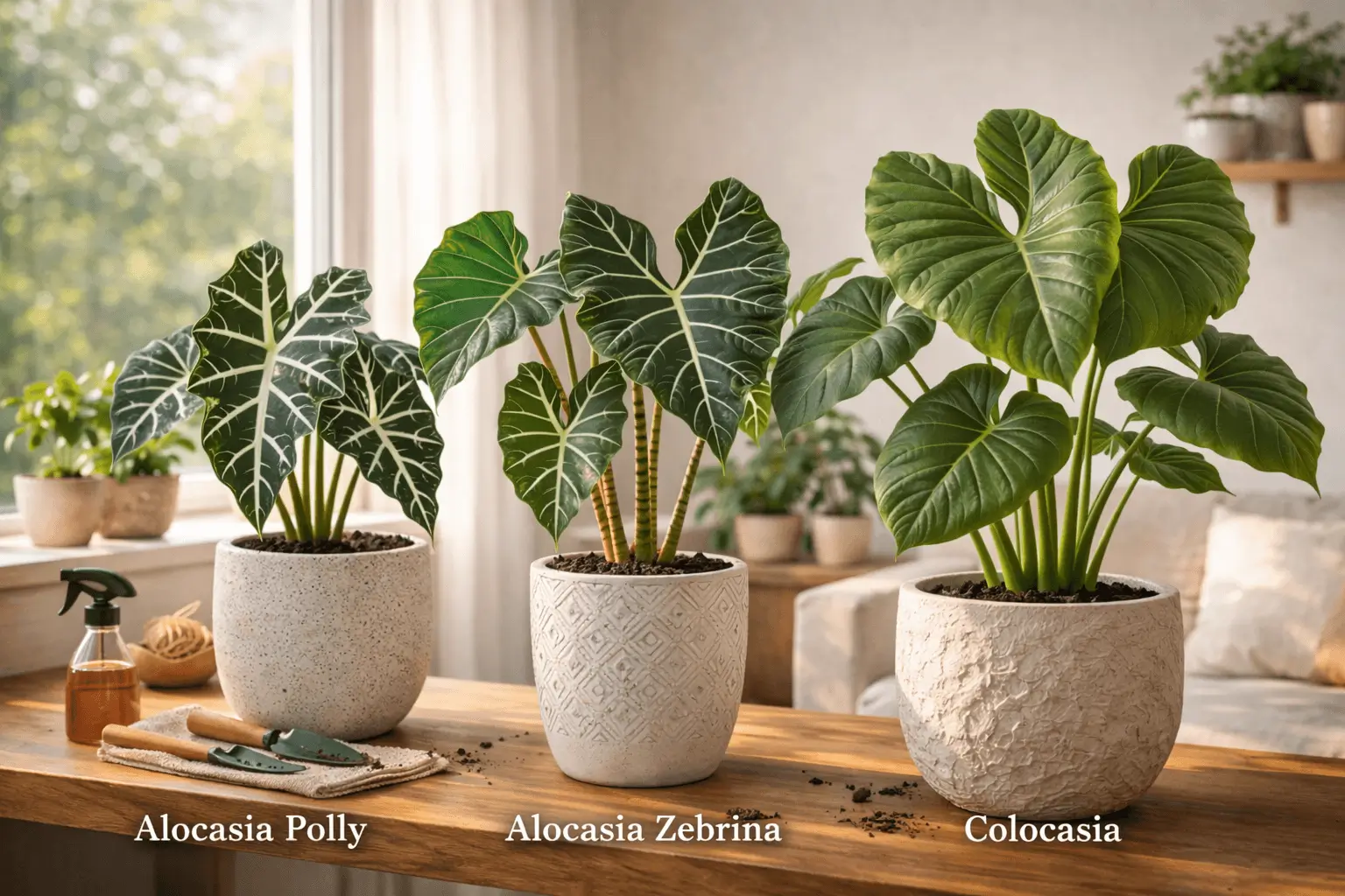different types of elephant ear plants including alocasia varieties growing indoors