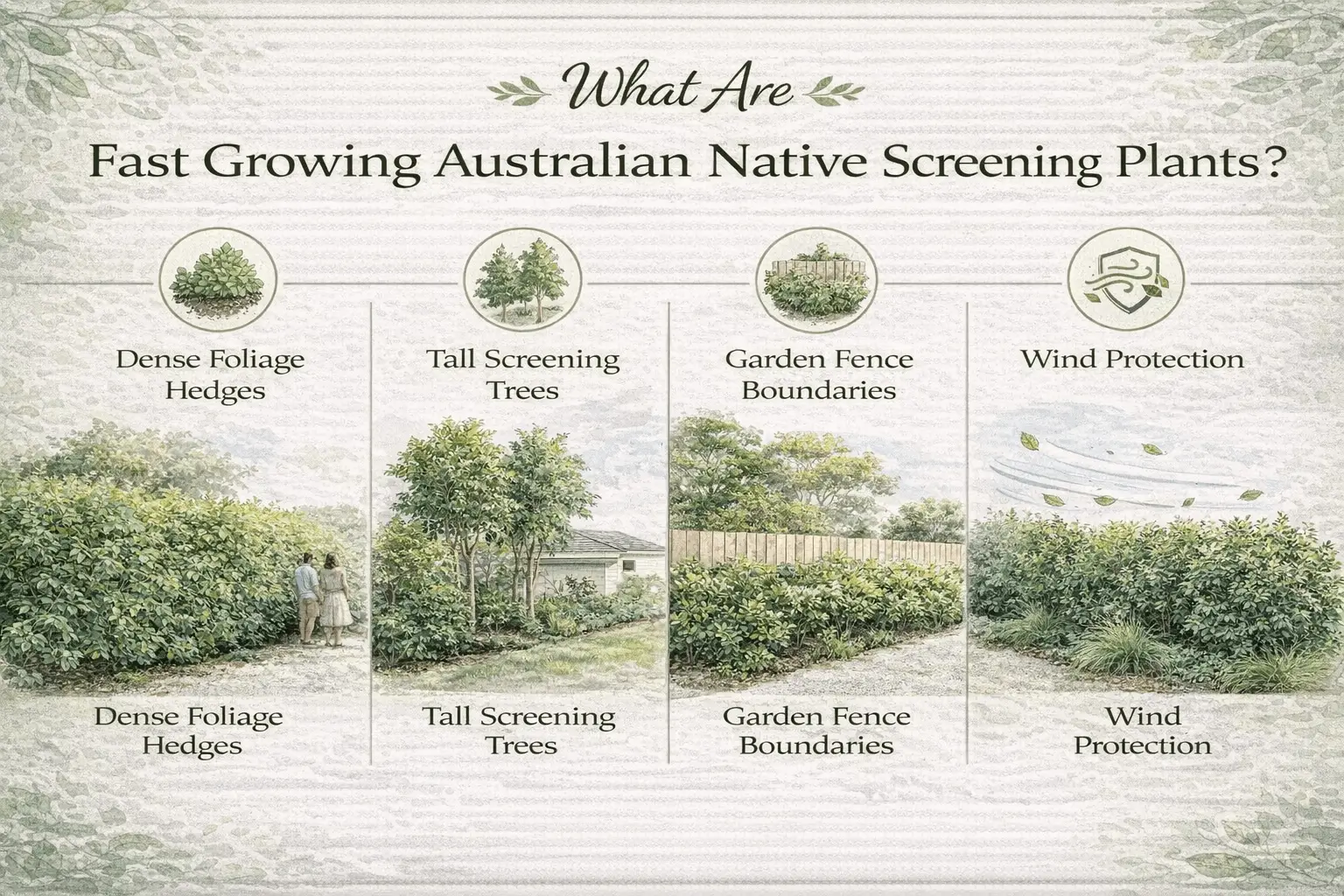 Infographic explaining how fast growing Australian native screening plants create natural garden privacy screens