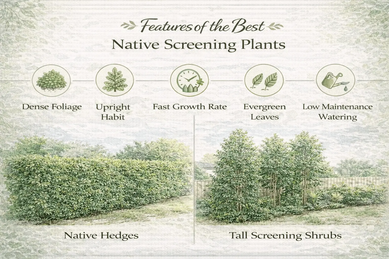 Infographic showing characteristics of the best fast growing Australian native screening plants