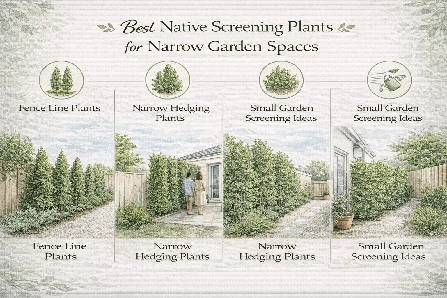 Infographic showing narrow fast growing Australian native screening plants for small gardens and fence lines