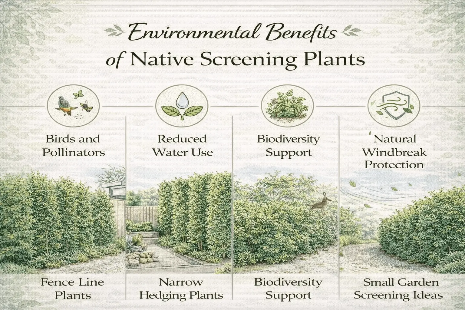 Infographic explaining environmental benefits of Australian native screening plants for gardens