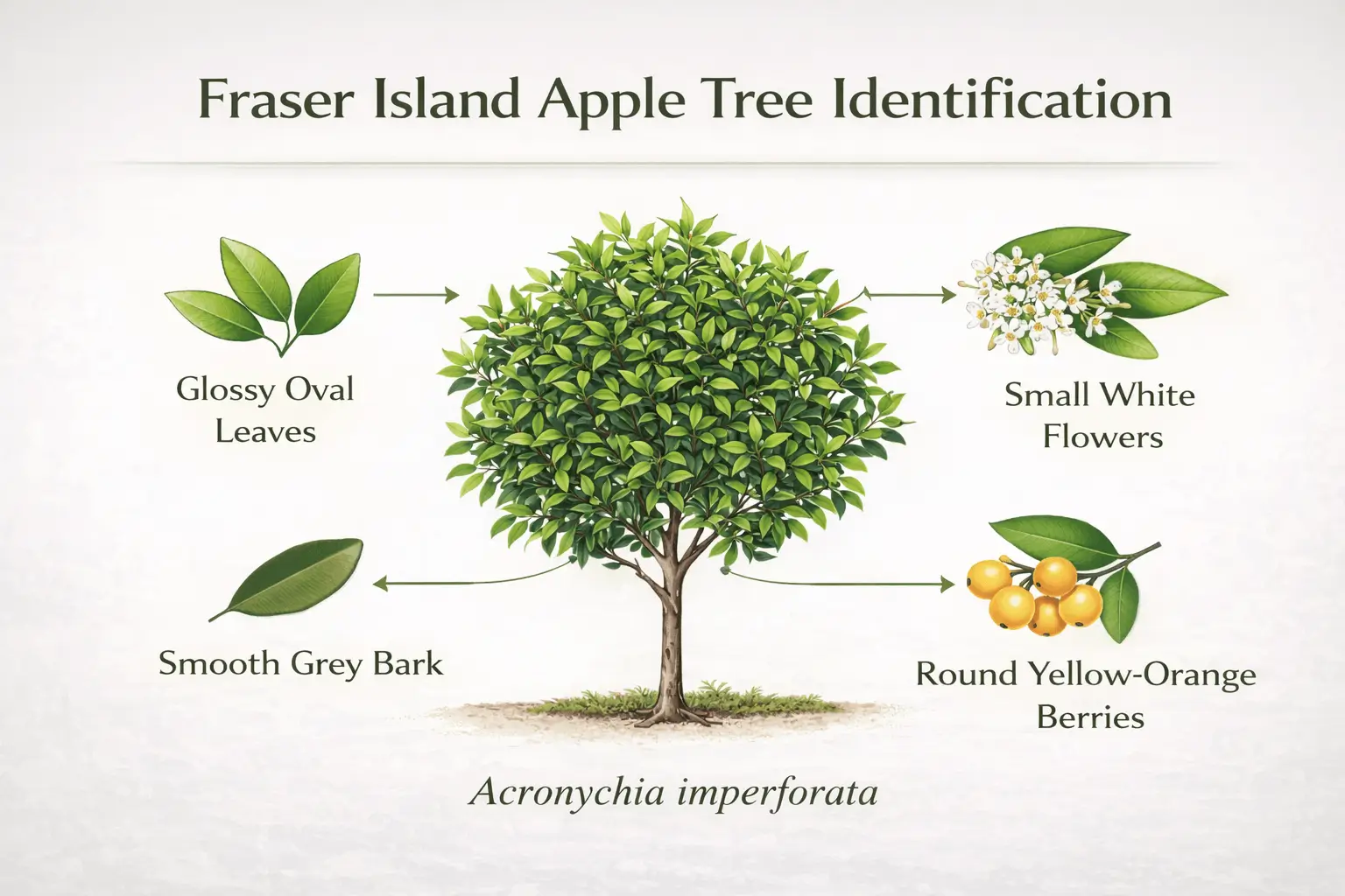 Infographic identifying Fraser Island apple tree features including glossy leaves, bark, flowers, and fruit.