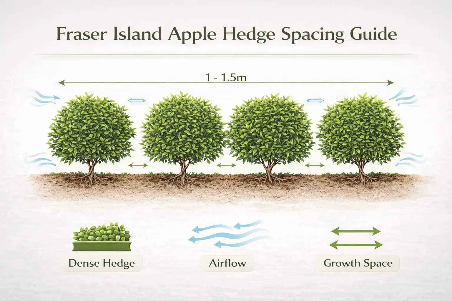Infographic showing correct spacing for Fraser Island apple tree hedge planting.