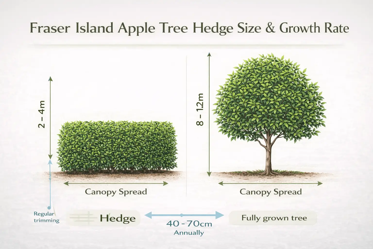 Infographic showing Fraser Island apple hedge height, growth rate, and mature tree size.