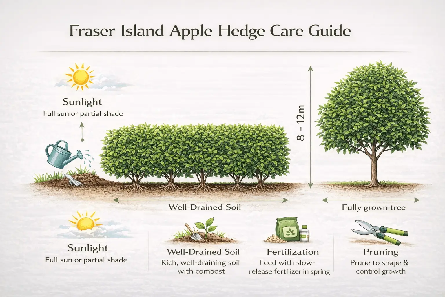 Infographic explaining care requirements for Fraser Island apple tree hedge including sunlight, watering, soil, and pruning.