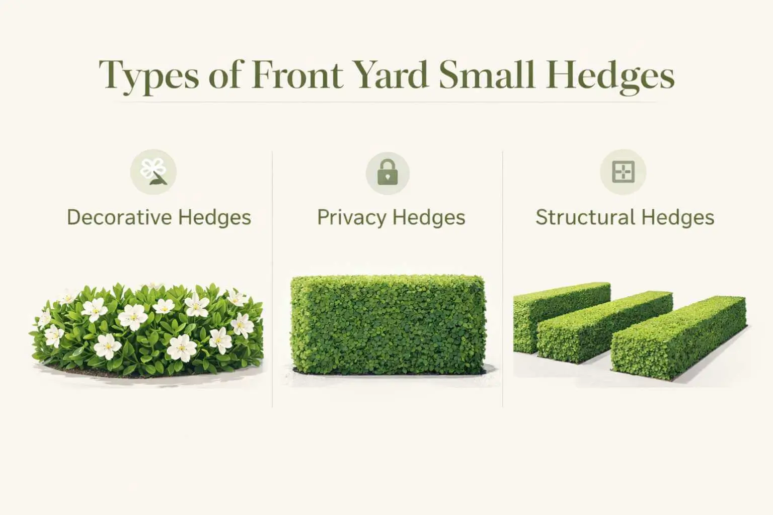 Types of front yard small hedges including decorative privacy and structural hedge designs