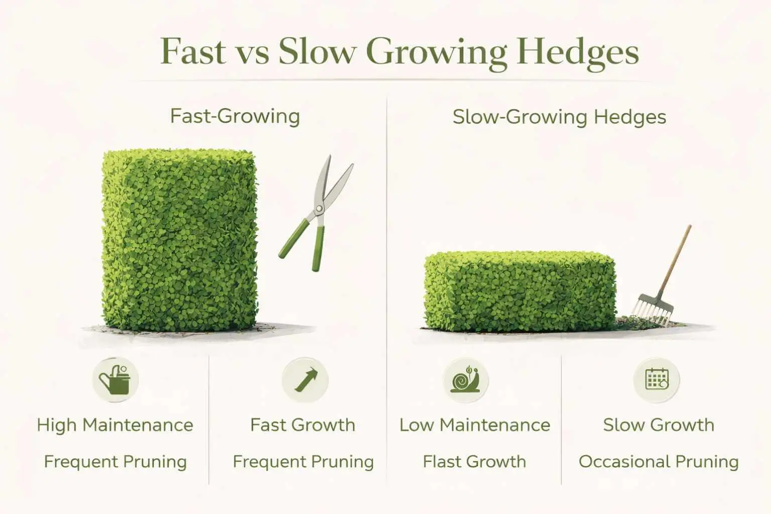 Comparison of fast growing and slow growing hedge plants with maintenance differences