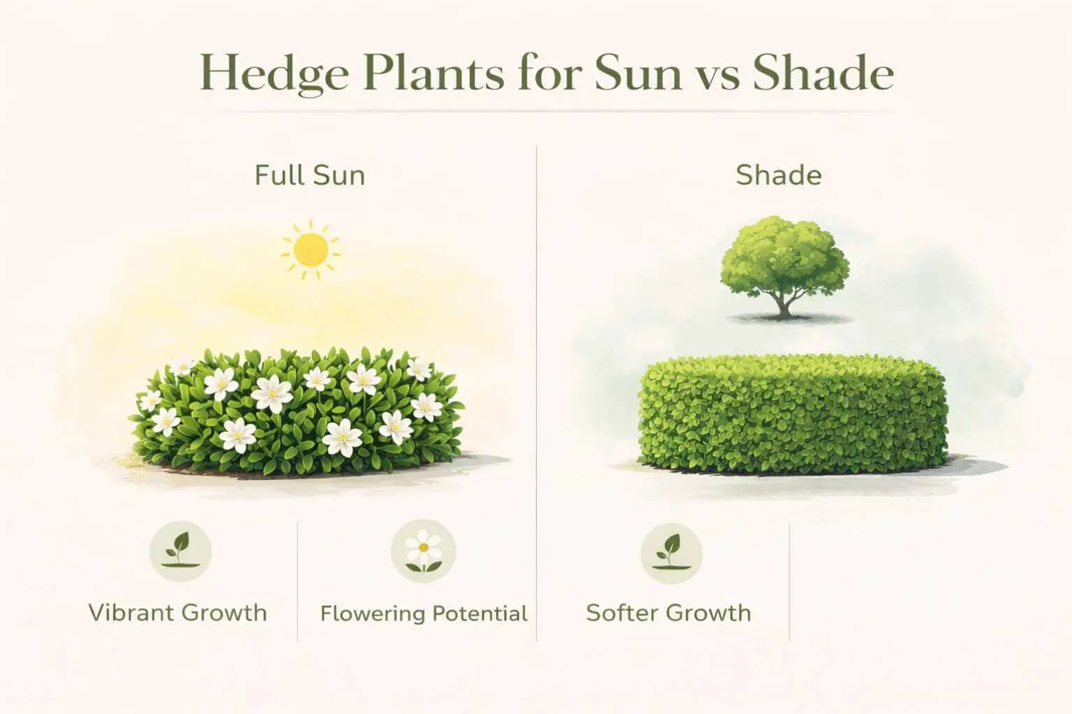Hedge plants for shade and full sun showing growth differences and light requirements