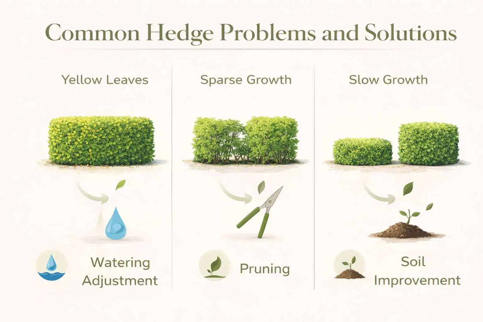 Common small hedge problems like yellow leaves and sparse growth with solutions