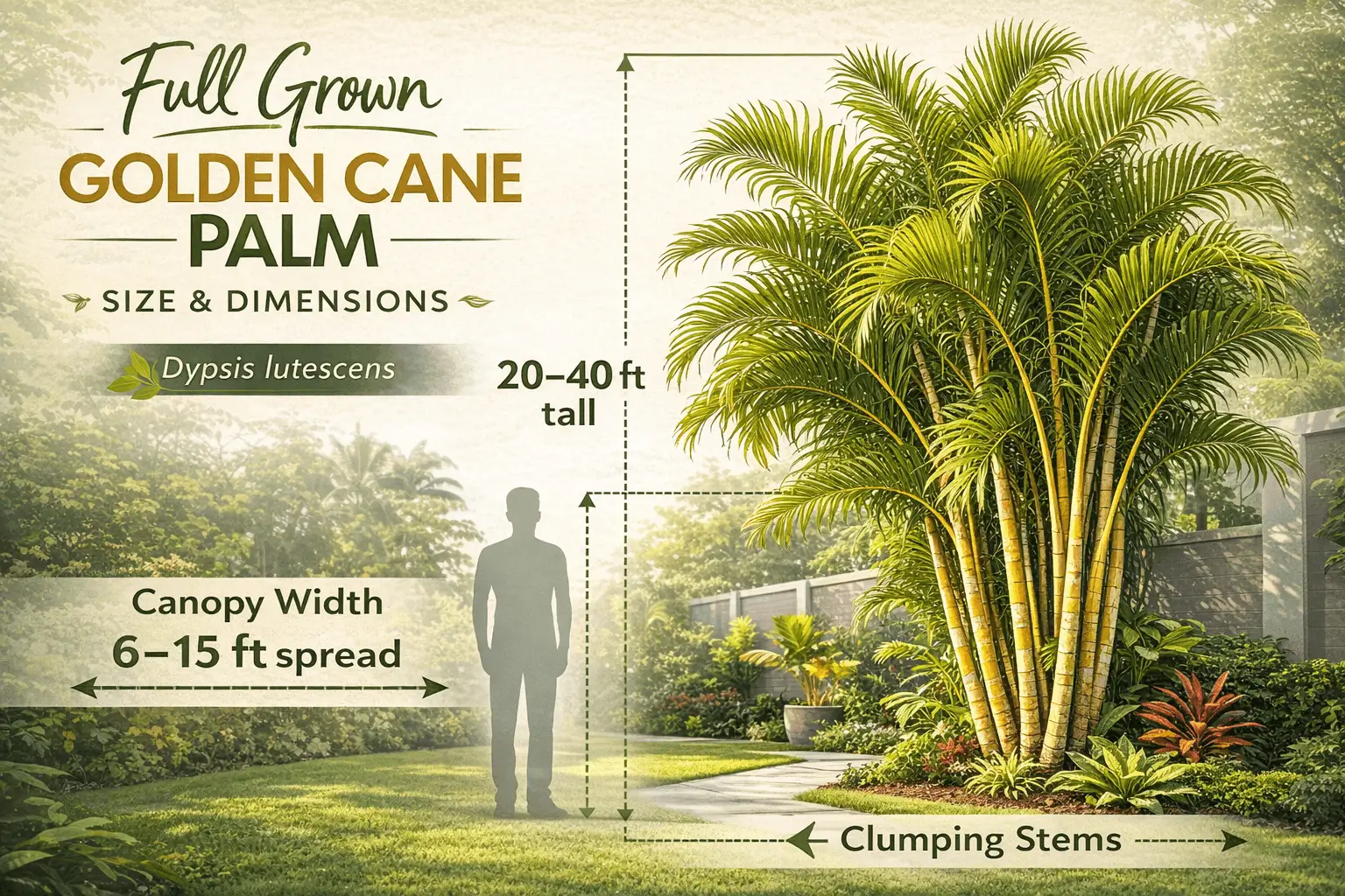 Infographic showing full grown golden cane palm height and spread at maturity