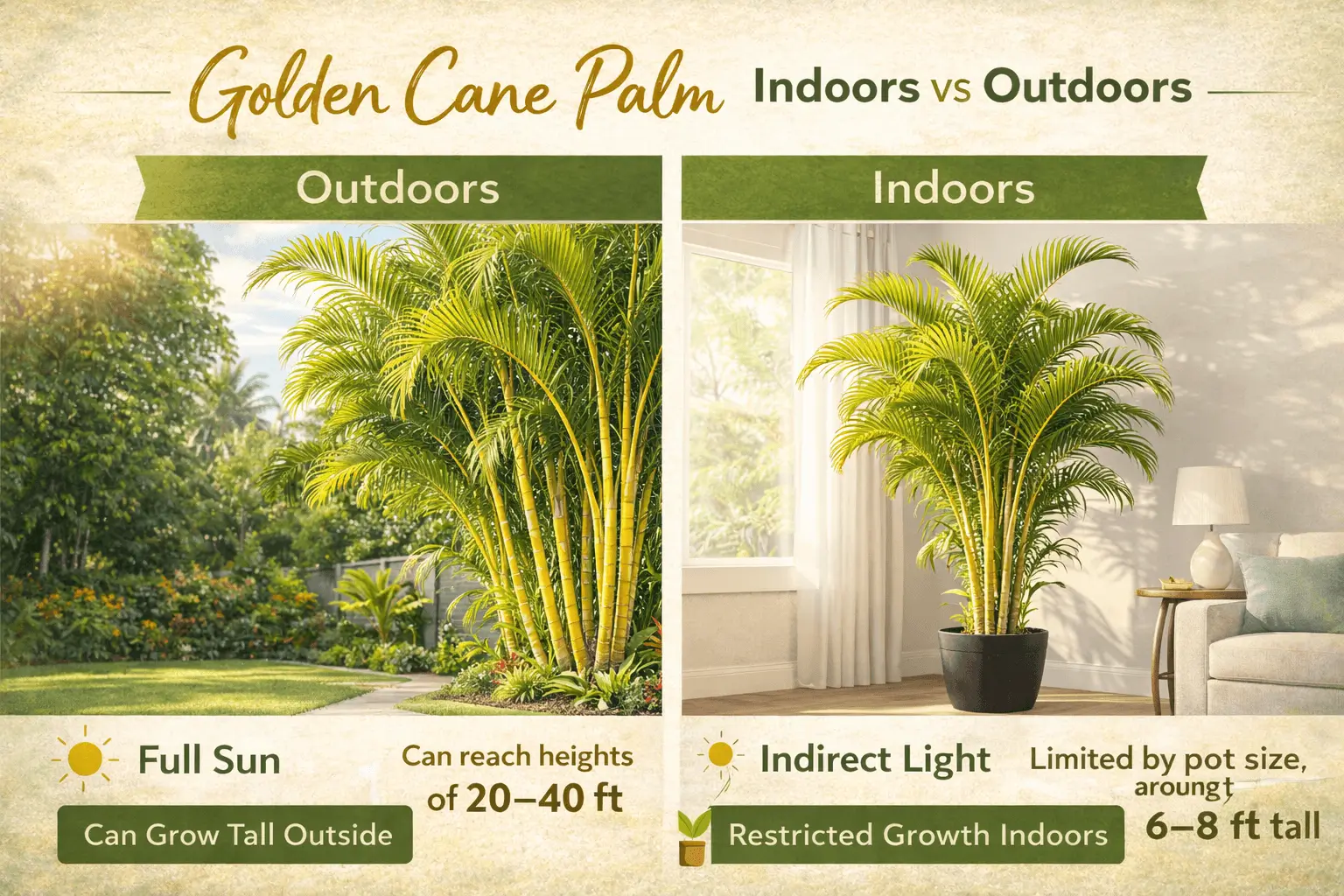 Comparison infographic of golden cane palm growth indoors versus outdoors