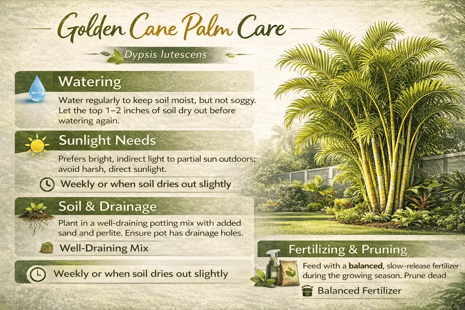 Golden cane palm care guide infographic showing watering sunlight soil and pruning needs