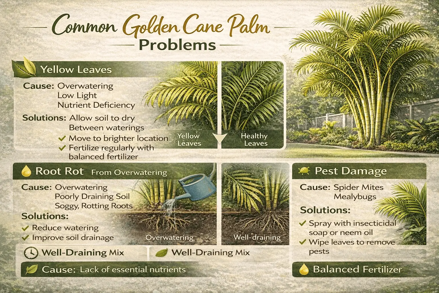 Infographic showing common golden cane palm problems and solutions