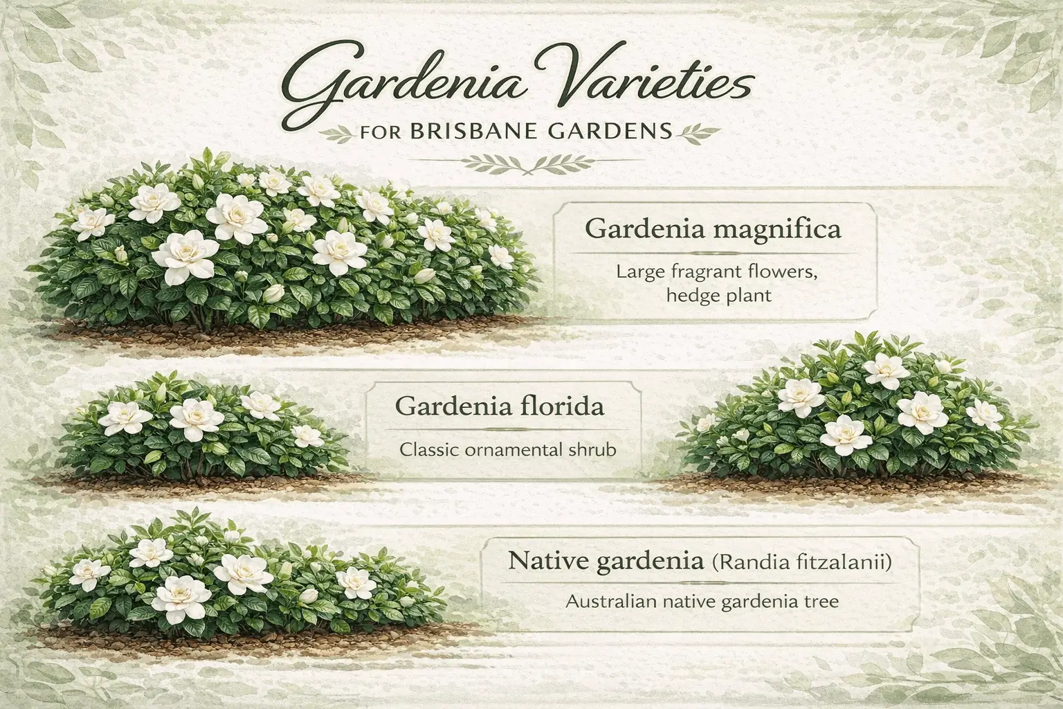 Gardenia varieties infographic showing magnifica, florida, radicans, and native gardenia plants