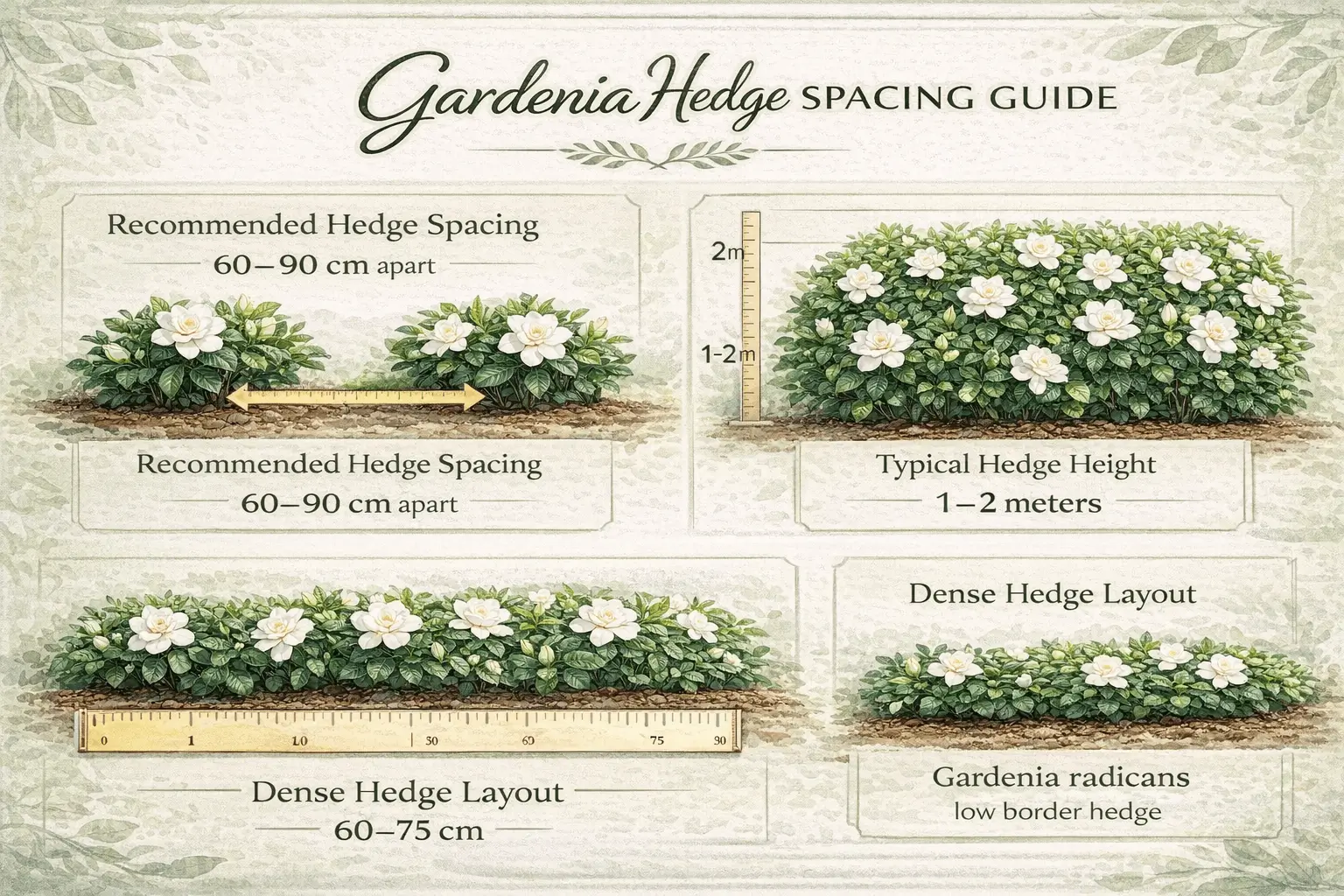 Gardenia hedge spacing diagram showing planting distance and mature hedge height