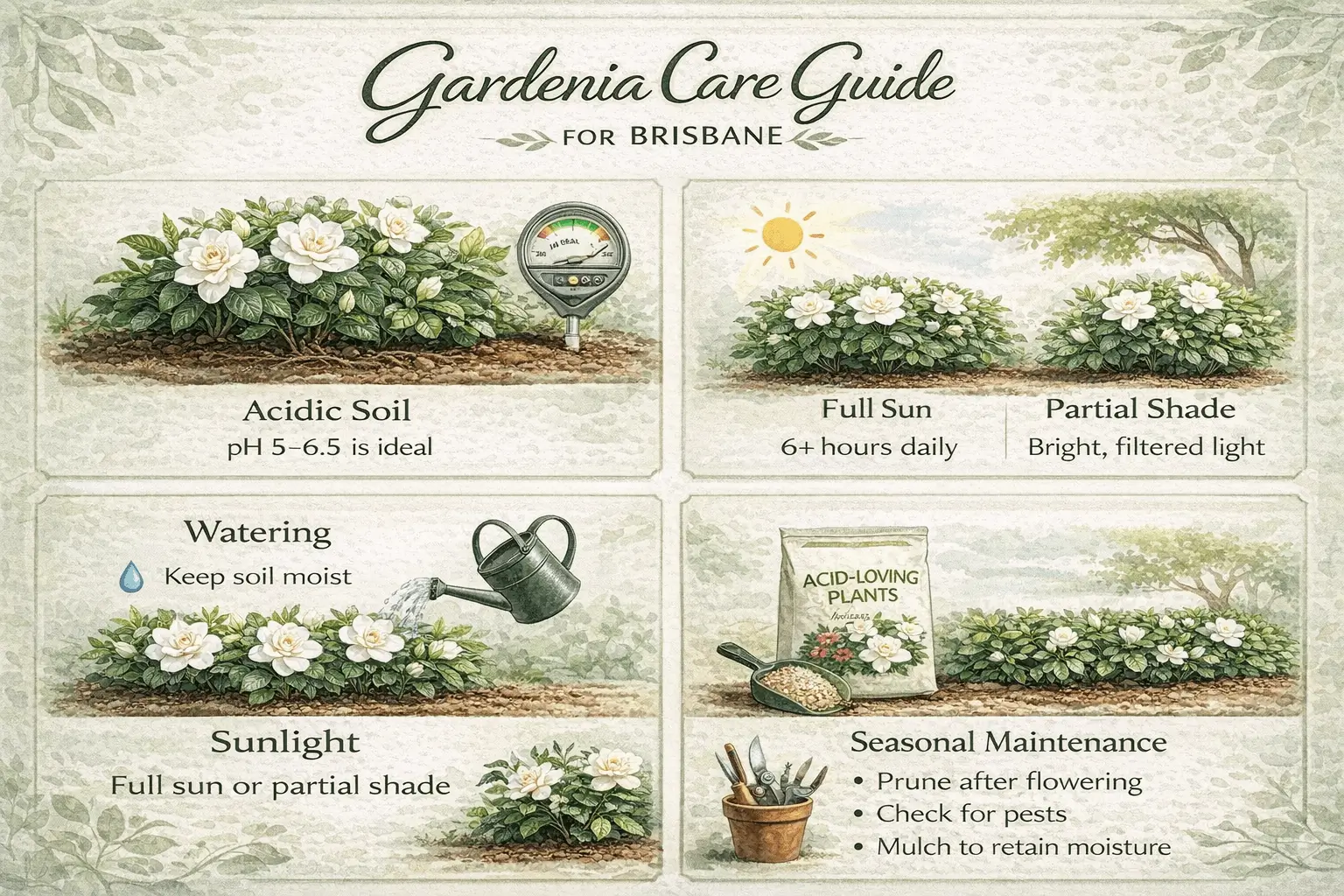 Gardenia care infographic showing soil, watering, sunlight, and fertilizer requirements