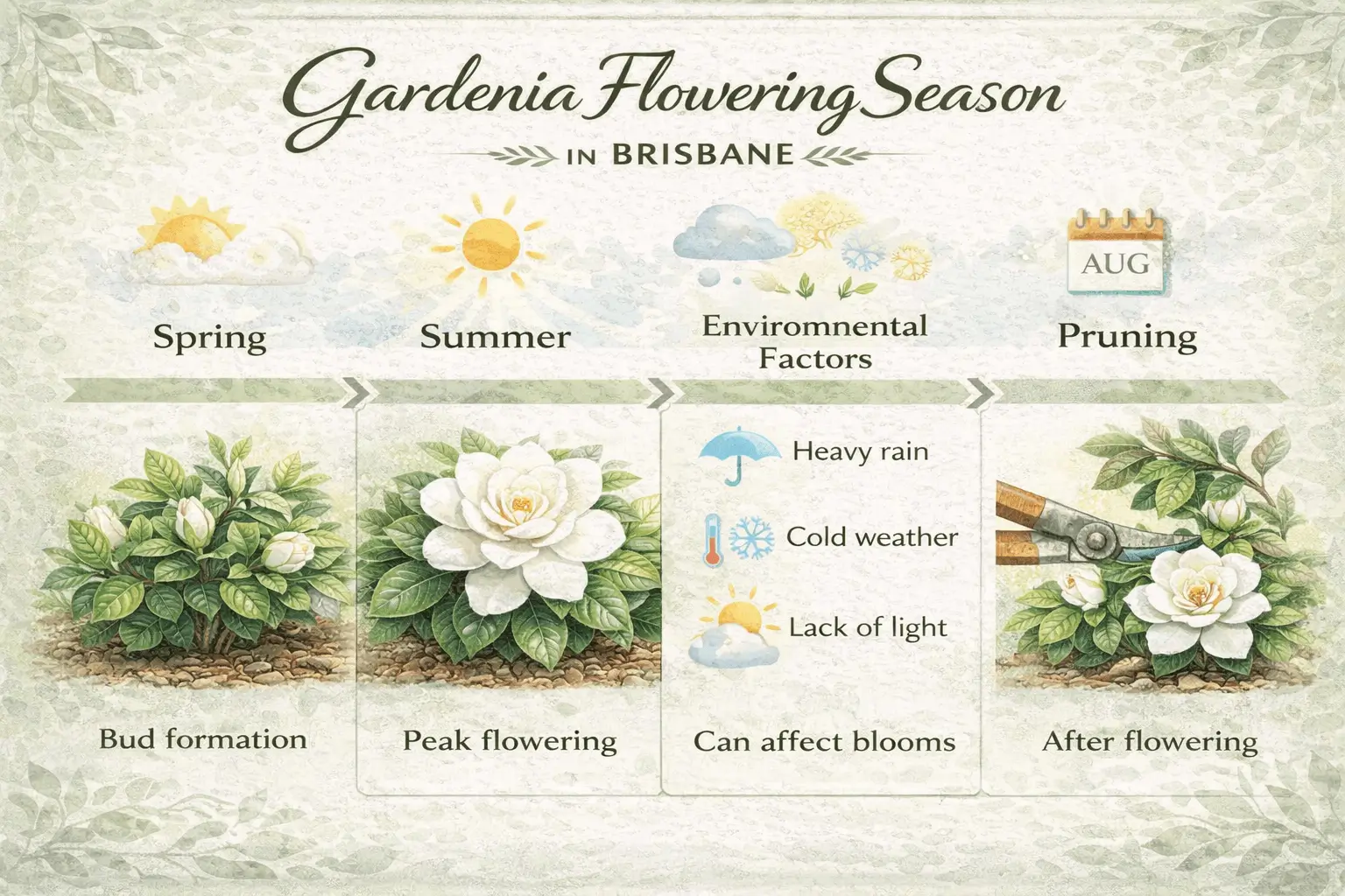 Gardenia flowering season infographic showing spring and summer bloom periods