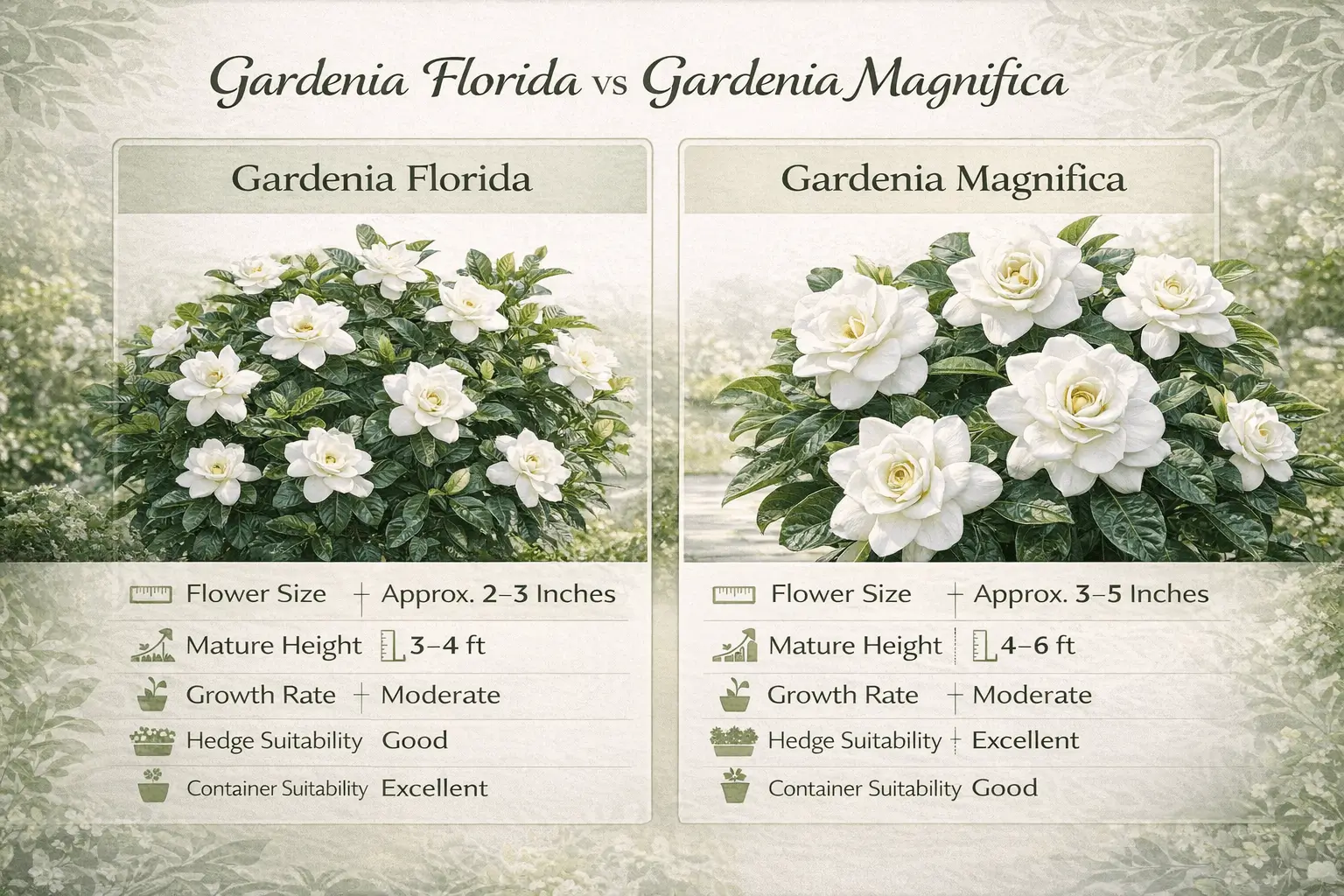 Gardenia florida vs magnifica comparison infographic showing flower size, plant height, hedge suitability and growth rate differences.